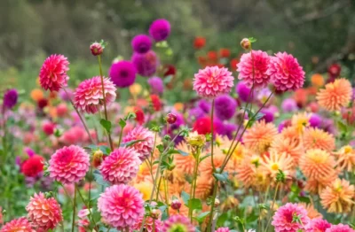 A variety of differently-coloured dahlia flowers in bloom, ranging from pink to orange.
